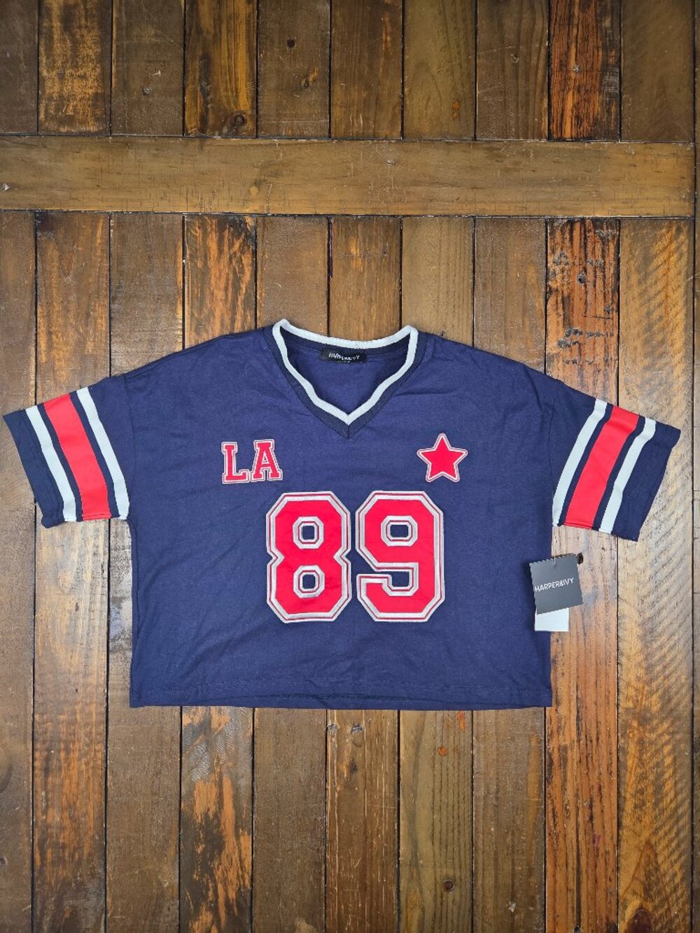 Harper & Ivy navy blue cropped jersey tee NWT